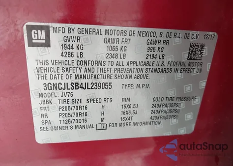 2018 Chevrolet Trax Lt из США, поврежденный, VIN 3GNCJLSB4JL239055